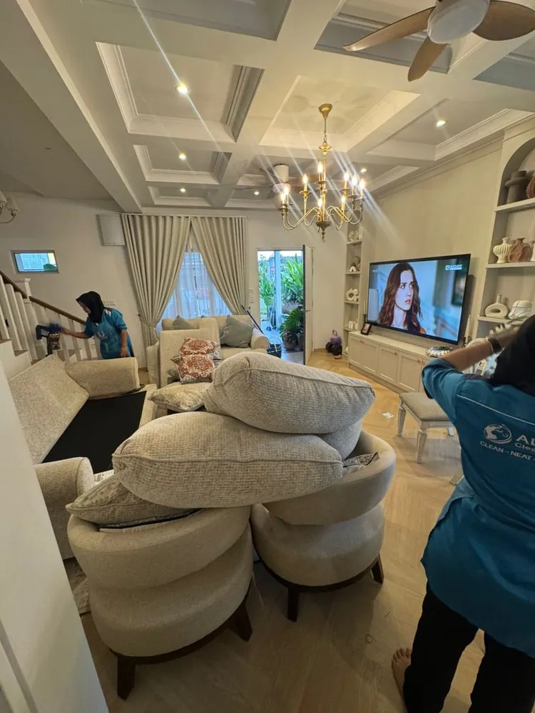 Living room, cushions off to clean underneath